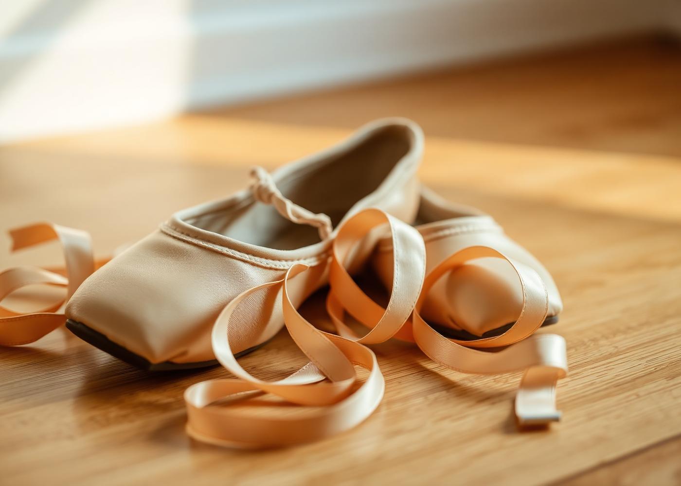 Ballet shoes resting on a warm wooden studio floor